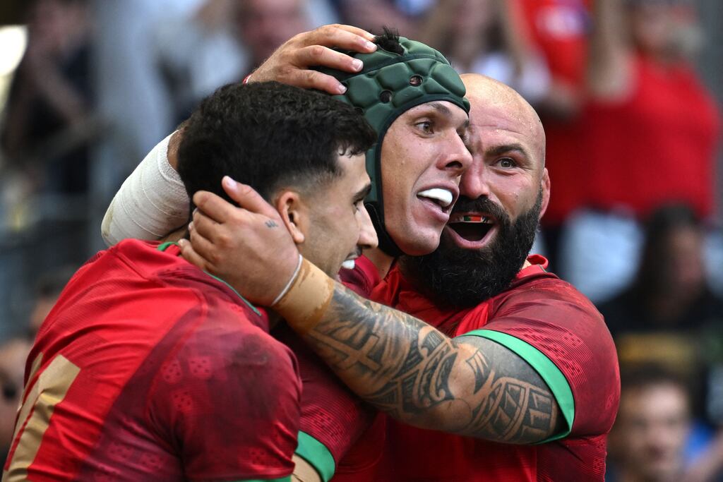 Portugal's Pedro Bettencourt (centre) celebrates with team-mates after scoring a try during the Rugby World Cup Pool C match against Australia at Stade Geoffroy-Guichard in Saint-Etienne. Photograph: Olivier Chassignole/AFP via Getty Images