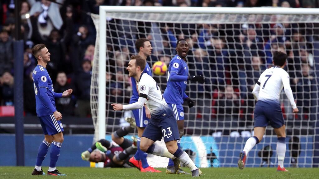 Tottenham Hotspur’s Christian Eriksen celebrates scoring his side’s second goal of the game during the Premier League win over Leicester City at Wembley Stadium. Photo: John Walton/PA Wire