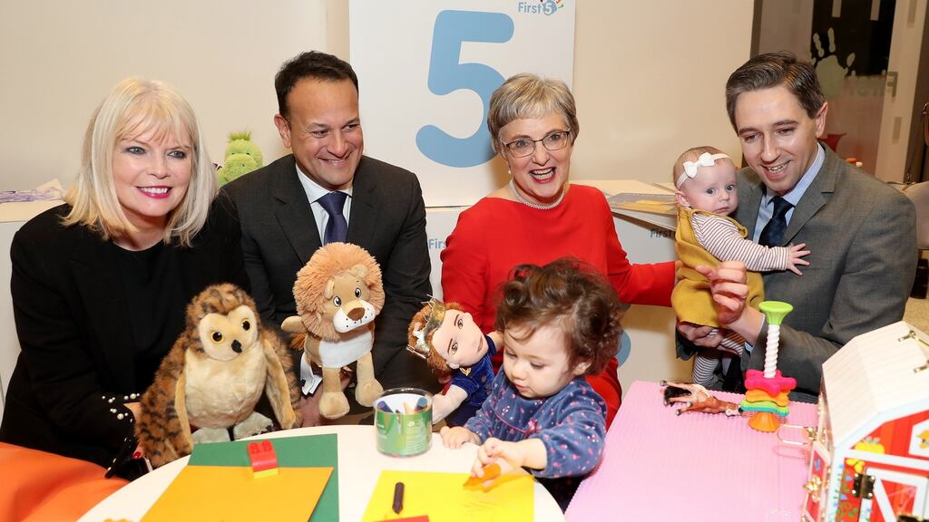 Minister of State Mary Mitchell O’Connor, Taoiseach Leo Varadkar, Minister for Children Katherine Zappine and Minister for Children Simon Harris, and friends at the launch of First 5, a new strategy for babies, young children and their families. Photograph: Maxwells