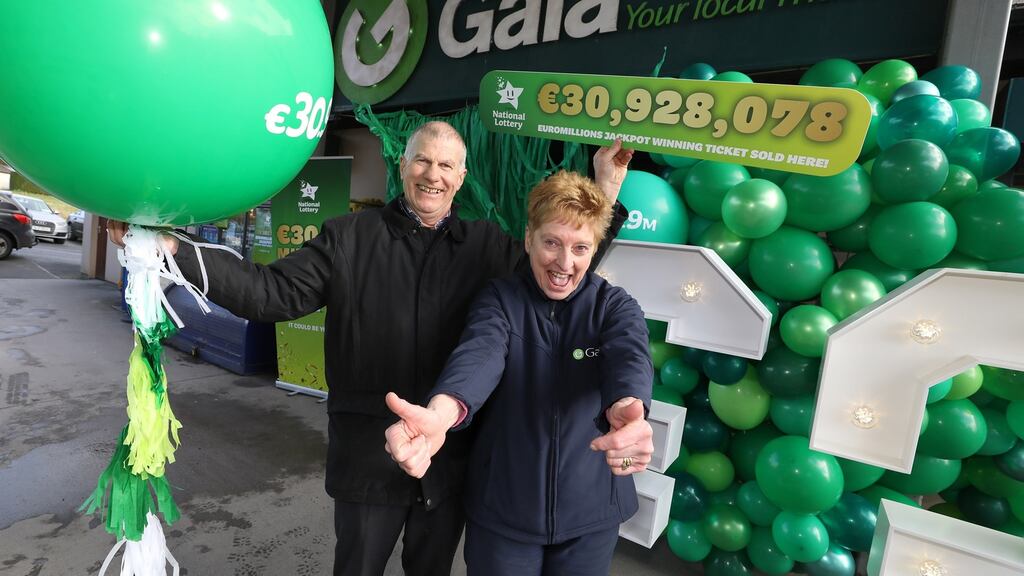 Siobhán Larkin, owner of the shop that sold the winning ticket with her husband Michael. They said they were shocked and overjoyed when they received the jackpot news at the weekend. Photograph: Mac Innes