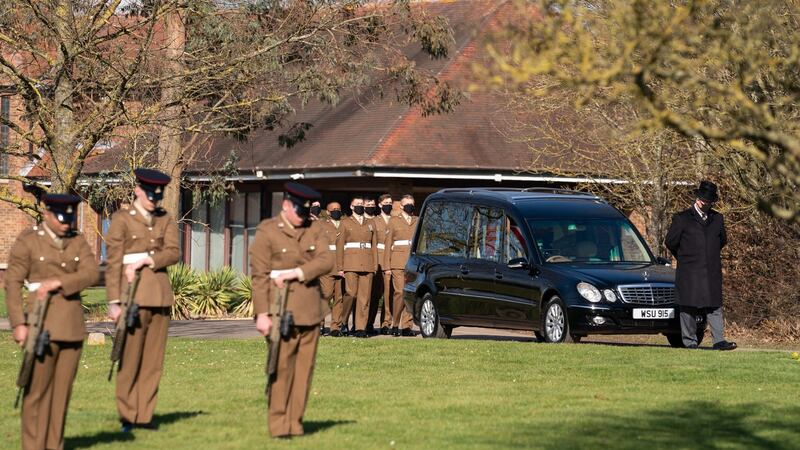 The funeral cortege arrives at the crematorium. Photograph: Joe Giddens/PA Wire