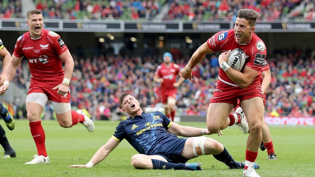 Scarlets DTH Van der Merwe runs in for a try against Munster in the Guinness Pro12 final at the Aviva Stadium. Photograph: Dan Sheridan/Inpho