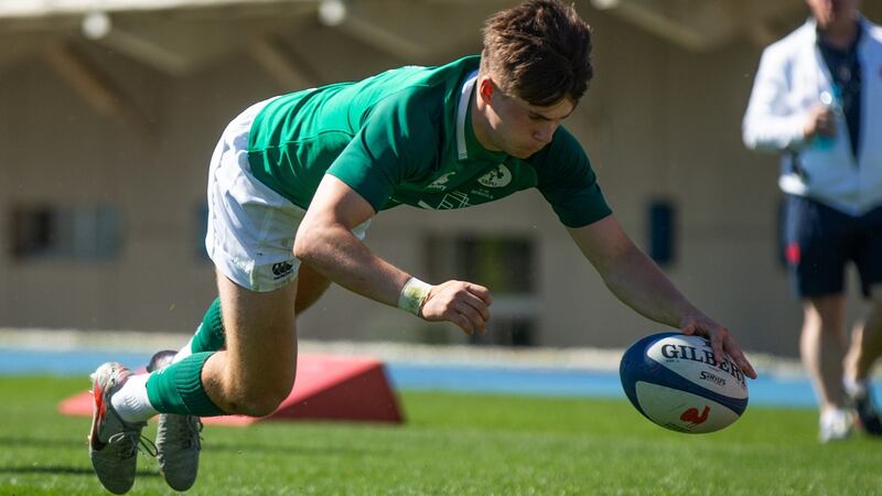 Ireland’s Hugo McLaughlin scores in the U18s festival. Photograph: Tom Maher/Inpho
