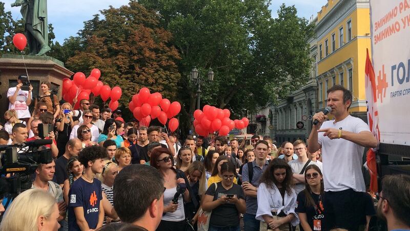 Ukrainian rock star turned politician Svyatoslav Vakarchuk (centre) campaigning for his new Holos (Voice) party in Odessa on Sunday, a week before parliamentary elections. Photograph: Daniel McLaughlin