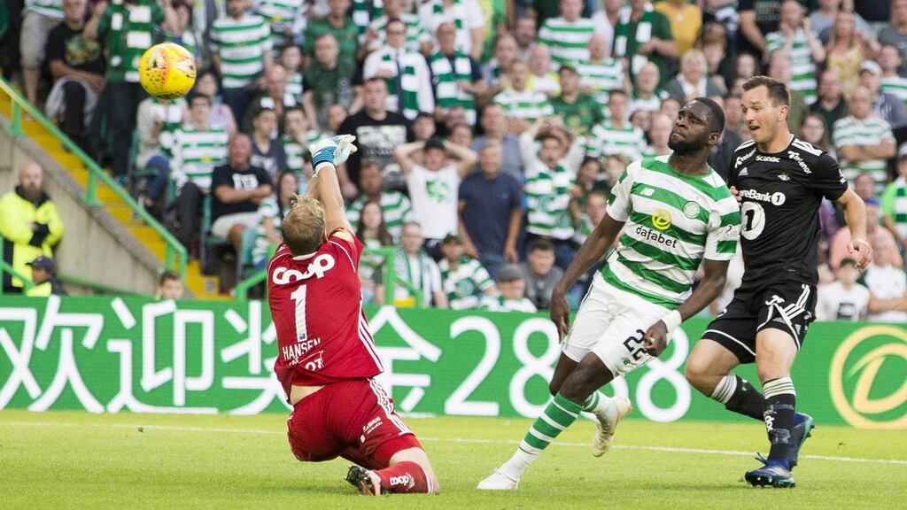 Celtic’s Odsonne Edouard scores his second and side’s third goal of the Champions League second qualifying round, first leg match against Rosenborg at Celtic Park. Photograph: Jeff Holmes/PA Wire