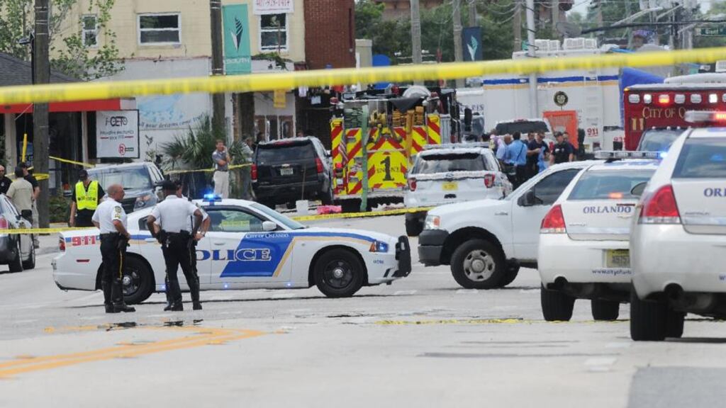 Police officers outside the Pulse nightclub after the worst mass killing in US history. Photograph: Gerardo Mora/Getty Images