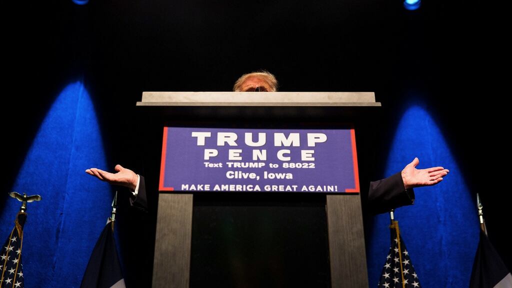Donald Trump, the Republican presidential nominee, speaks during a campaign event at the Seven Flags Event Center in Clive, Iowa. Photograph:  Damon Winter/The New York Times