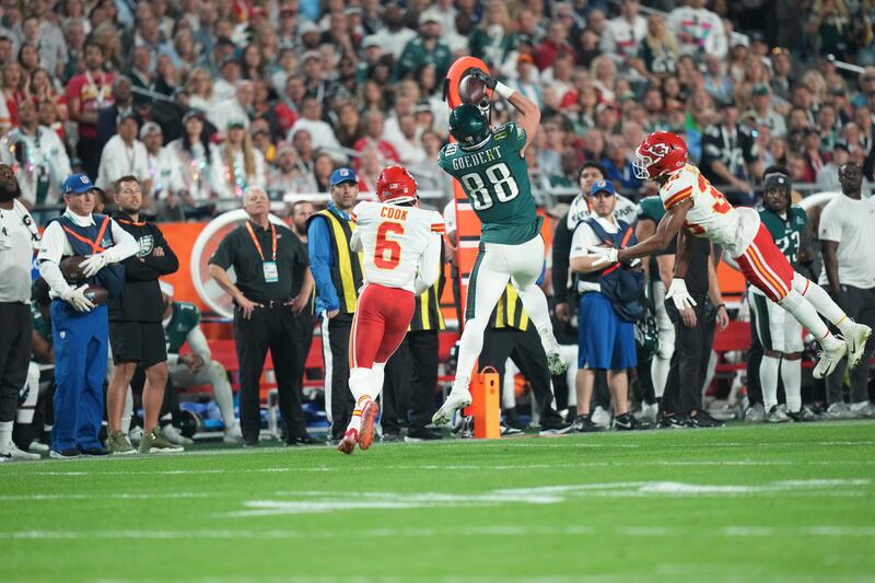 Philadelphia Eagles' Dallas Goedert makes a catch during the third quarter of Super Bowl against Kansas City Chiefs at State Farm Stadium in Glendale, Arizona. Photograph: Doug Mills/The New York Times