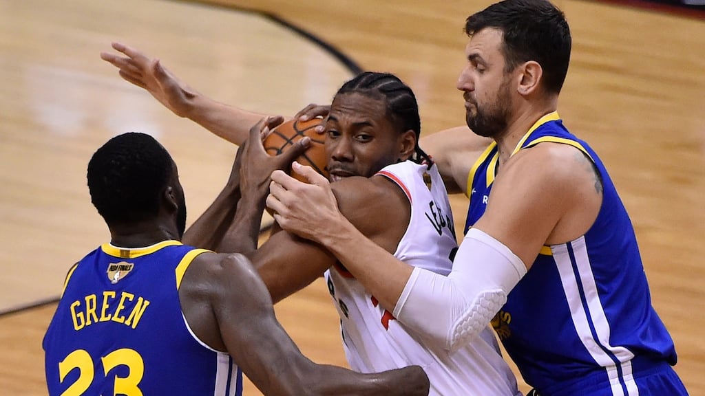 Kawhi Leonard gets crowded out during the Toronto Raptors’ defeat to Golden State Warriors. Photograph: Warren Toda/EPA