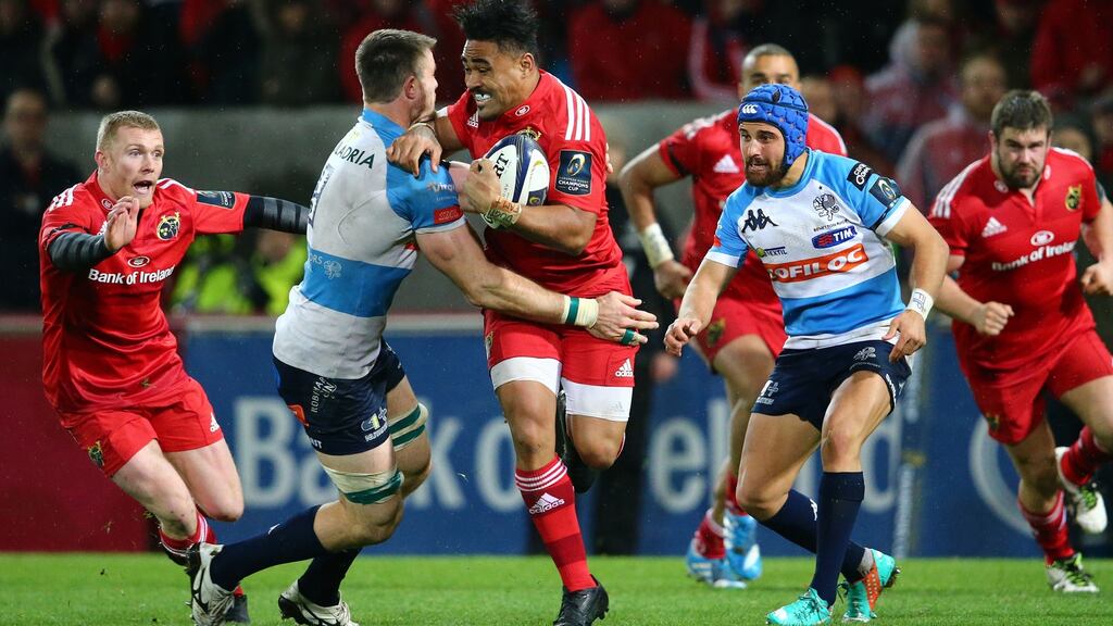 Munster’s Francis Saili is tackled by Braam Steyn of Benetton Treviso during Saturday’s Champions Cup game at Thomond Park. Photograph: Cathal Noonan/Inpho.