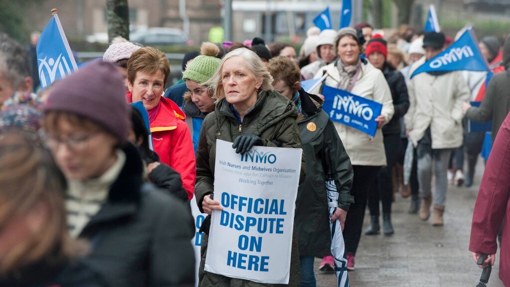 Members of Irish Nurses and Midwives Organisation on the picket line at Mercy University Hospital, Cork. Photograph: Daragh Mc Sweeney/Provision