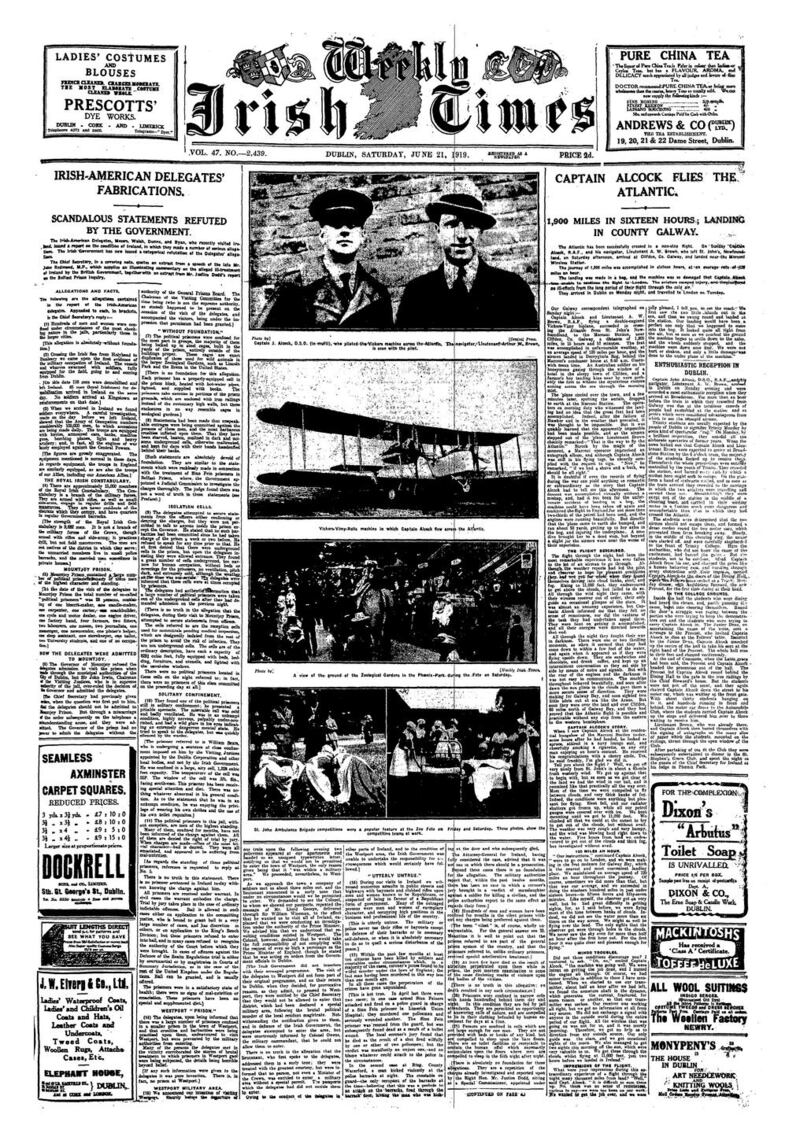 Captain Alcock flies the Atlantic: The Weekly Irish Times on June 21st, 1919