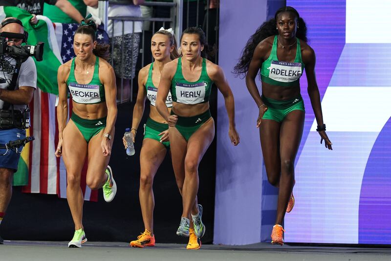 Ireland’s Sophie Becker, Sharlene Mawdsley, Phil Healy and Rhasidat Adeleke ahead of the 4x400m women's relay final at the Paris Olympics. Photograph: Morgan Treacy/Inpho