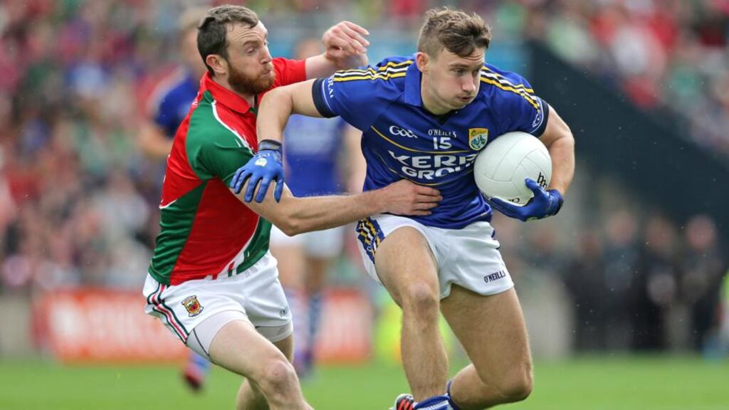 Kerry’s James O’Donoghue, as closely marked as he was by Keith Higgins last week, still won 22 possessions. Photo: Morgan Treacy/Inpho