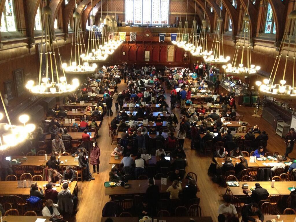 Students gather in the Annenberg Hall after unconfirmed reports that explosives had been planted at Harvard University in Cambridge, Massachusetts. Photograph: The Harvard Crimson via Reuters