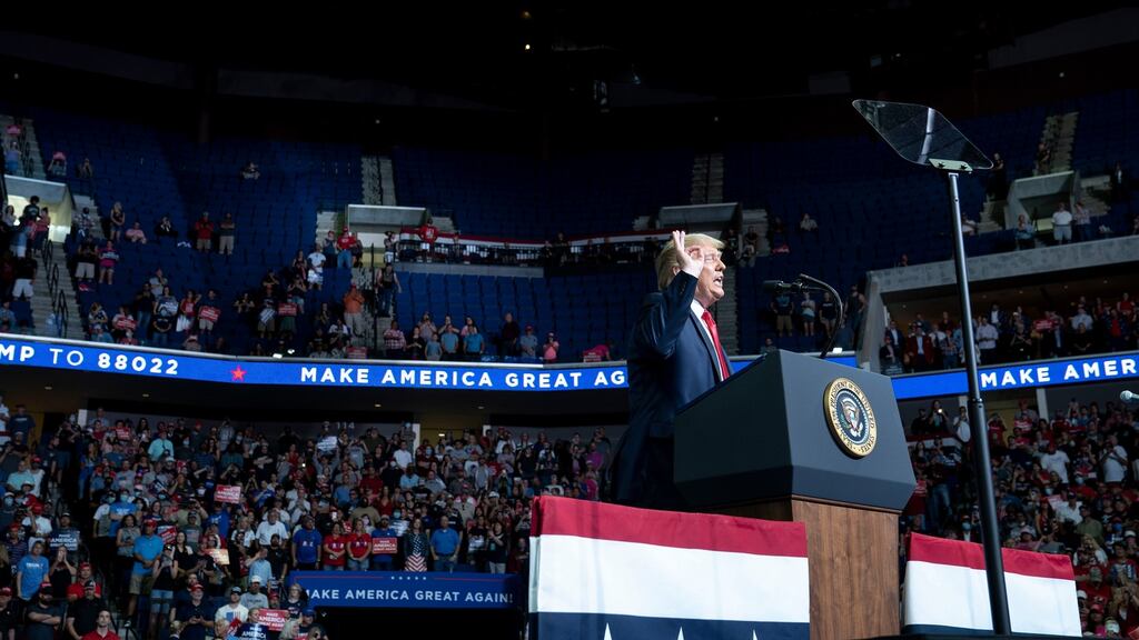US president Donald Trump addresses a campaign rally in Tulsa, Oklahoma on Saturday. Photograph: Doug Mills/The New York Times