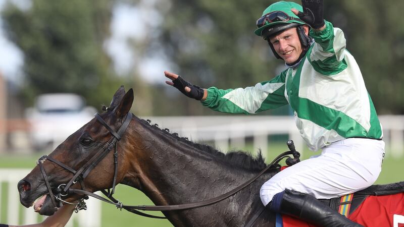 Paul Townend celebrates his victory on board Royal Rendezvous. Photograph: Lorraine O’Sullivan/Inpho
