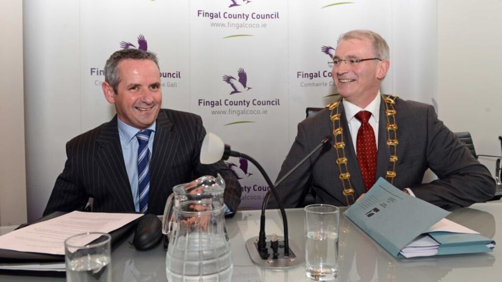 Manager Paul Reid (left) and Cllr Kieran Dennison, Mayor of Fingal, at the Special Meeting of Fingal County Council, in Swords, on Monday. Photograph: Eric Luke