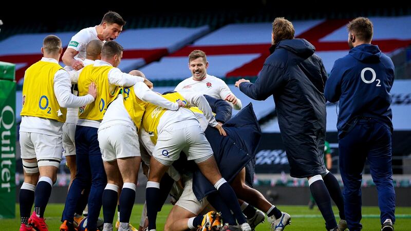 England celebrate Jonny May’s wonder-try against Ireland last November. Photograph: Craig Mercer/Inpho