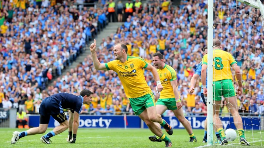 Colm McFadden celebrates scoring Donegal’s  third goal in the All-Ireland SFC semi-final at Croke Park. Photograph: Cathal Noonan/Inpho