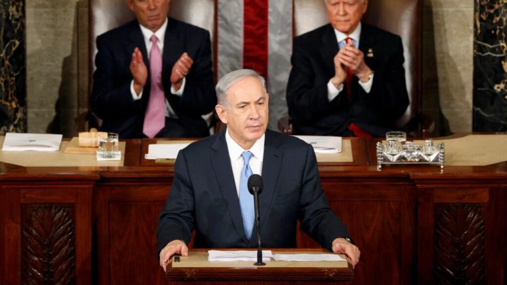Israel’s prime minister Binyamin Netanyahu (C) during his speech to US Congress. Mr Netanyahu used his speech to warn the US government against a nuclear deal with Iran. Photograph: Jonathan Ernst/Reuters