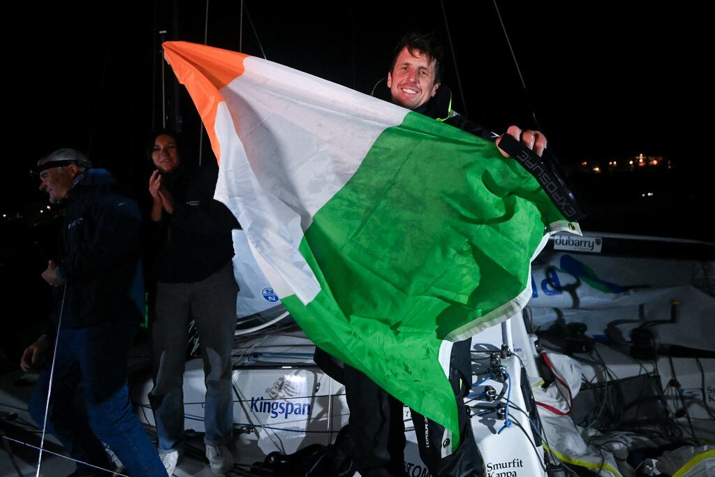 Ireland's Tom Dolan celebrates in La Turballe in western France after winning the Solitaire du Figaro. Photograph: Sebastien Salom-Gomis/AFP Getty