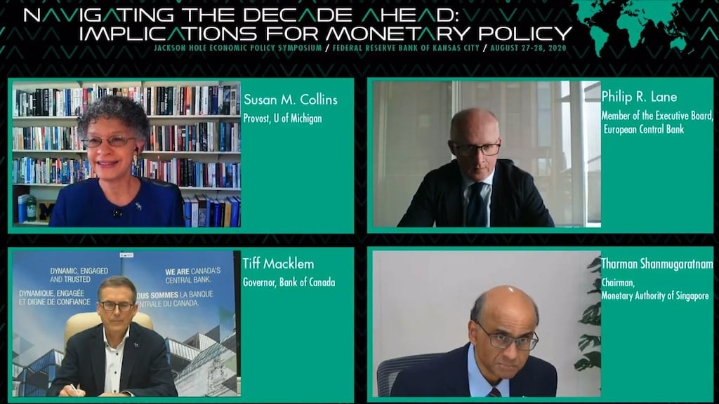 Susan Collins (top left), provost, Univeristy of Michigan; Philip Lane (top right), member of the executive board of the European Central Bank; Tiff Macklem (bottom left), Governor of the Bank of Canada and Tharman Shanmugaratnam (bottom right), chairman of the monetary authority of Singapore, speaking during the virtual annual symposium featuring central bankers, finance ministers, academics, and financial market participants from around the world, in Jackson Hole, USA.