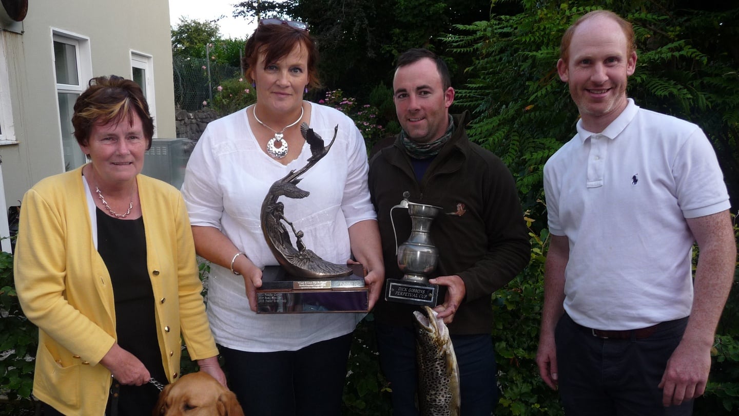 Attending the prizegiving in Lydon’s Lodge Hotel, were: (from left): Angela Kyne, with guide dog Homer; Dorrie Gibbons, organiser; Derek Madden, winner and John Lydon, proprietor.