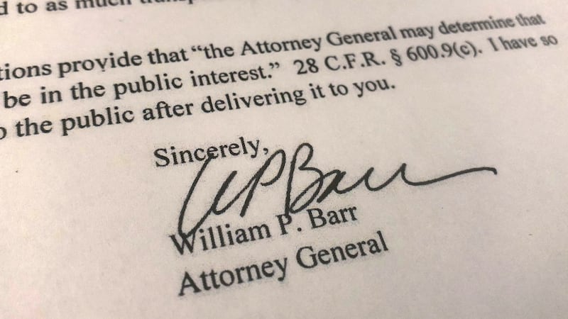 US attorney general William Barr’s signature is seen on a copy of his letter to US politicians  stating that the investigation by special counsel Robert Mueller has been concluded and a a report has been submitted. Photograph: Jim Bourg/Reuters.