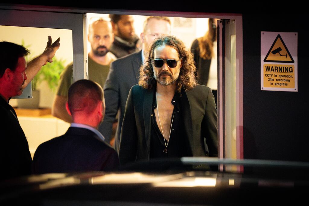 Russell Brand leaving the Troubabour Wembley Park theatre in northwest London after performing a comedy set on Saturday. Photograph: James Manning/PA Wire