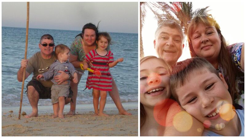 Ann Cahalan with husband Mike, son Aran and daughter Catriona pictured in Qatar in 2011 (left), and in their new home in Dubai in 2016.