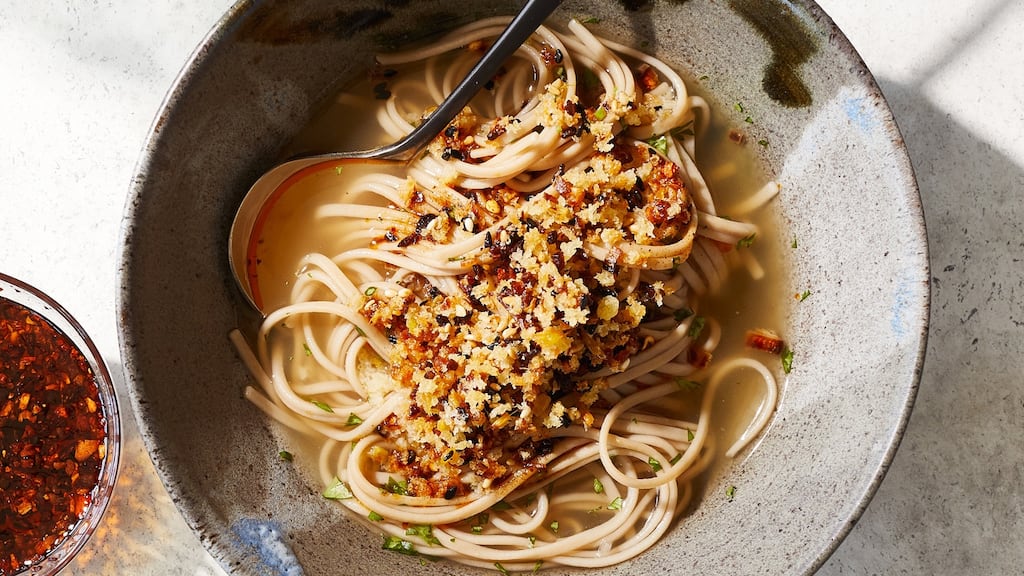 Soba noodles with ginger broth and crunchy ginger. Photographs: Christopher Simpson/The New York Times
