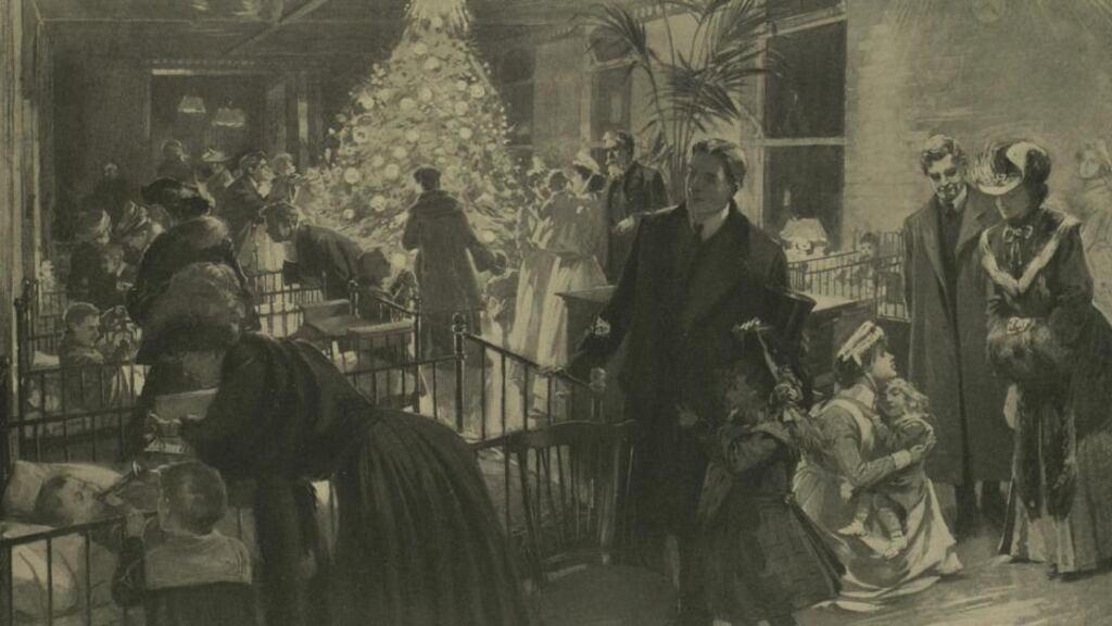 An illustration from Barry Kennerk’s book showing visitors to sick children at Temple Street hospital at Christmas time.