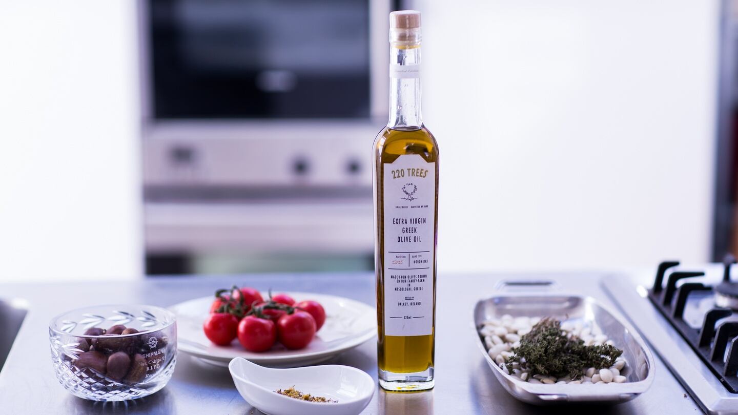 Maria Achtida’s olive oil costs €20 and can be bought online at 220trees.com and from Thyme Out in Dalkey