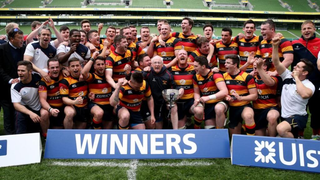 Lansdowne celebrate their 18-17 win over Clontarf in the Ulster Bank League Division 1A final at the Aviva Stadium. Photograph: Inpho