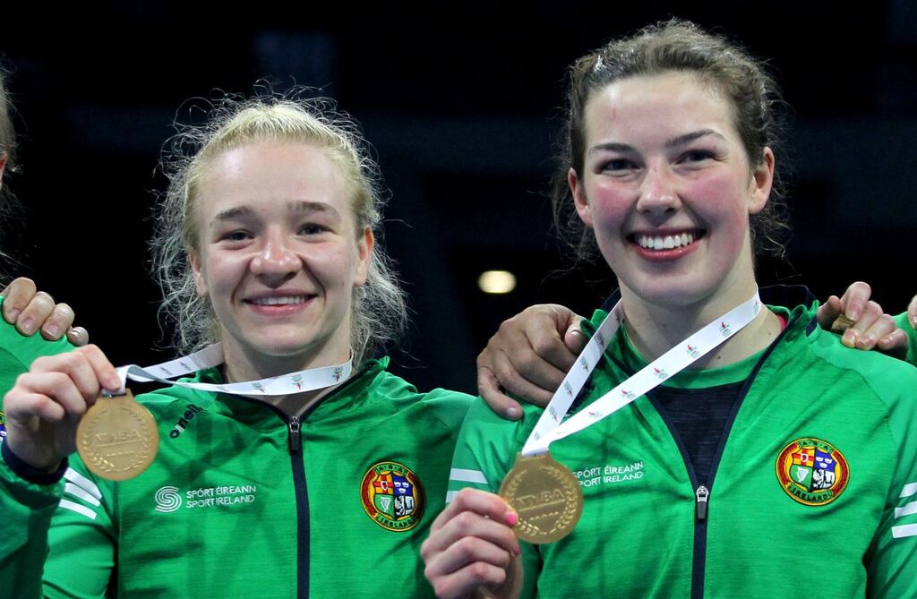 Amy Broadhurst and Lisa O'Rourke celebrate with their gold medals back in May. They have only now been paid their prize money. Photograph: Aleksandar Djorovic/Inpho