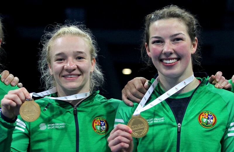 Amy Broadhurst and Lisa O'Rourke celebrate with their gold medals at the IBA Women's World Boxing Championships at Istanbul, Turkey. Photograph: Aleksandar Djorovic/Inpho