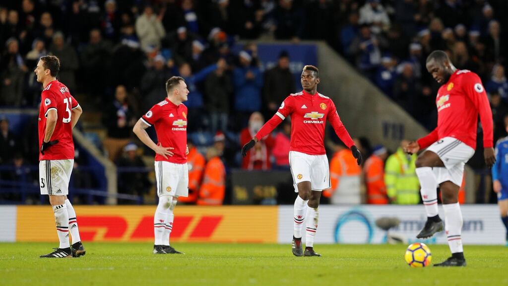 Manchester United’s players look dejected during the Premier League game against Leicester City at the King Power Stadium. Photograph: Darren Staples/Reuters