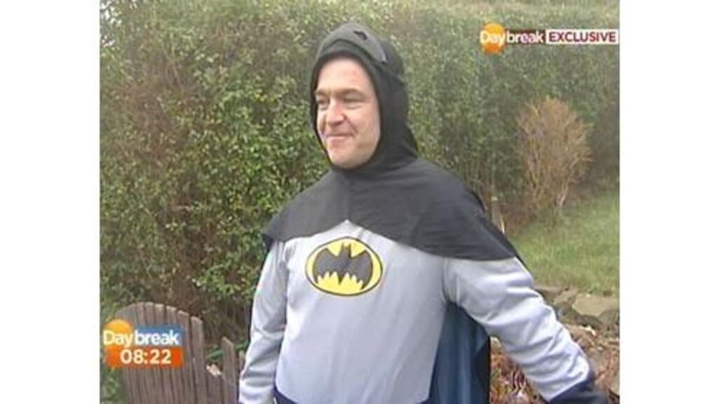 Video grab taken from ITV's Daybreak of Stan Warby, who walked into a police station dressed as Batman to hand over an alleged criminal. Photograph: ITV/PA