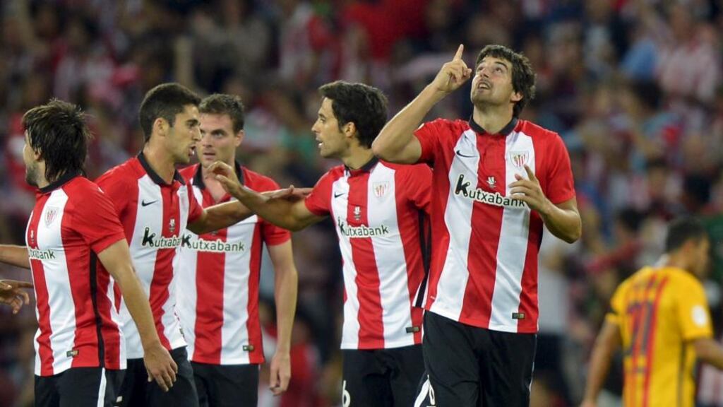 Mikel San Jose scored the first in Athletic Bilbao’s 4-0 rout of Barcelona. Photograph: Reuters