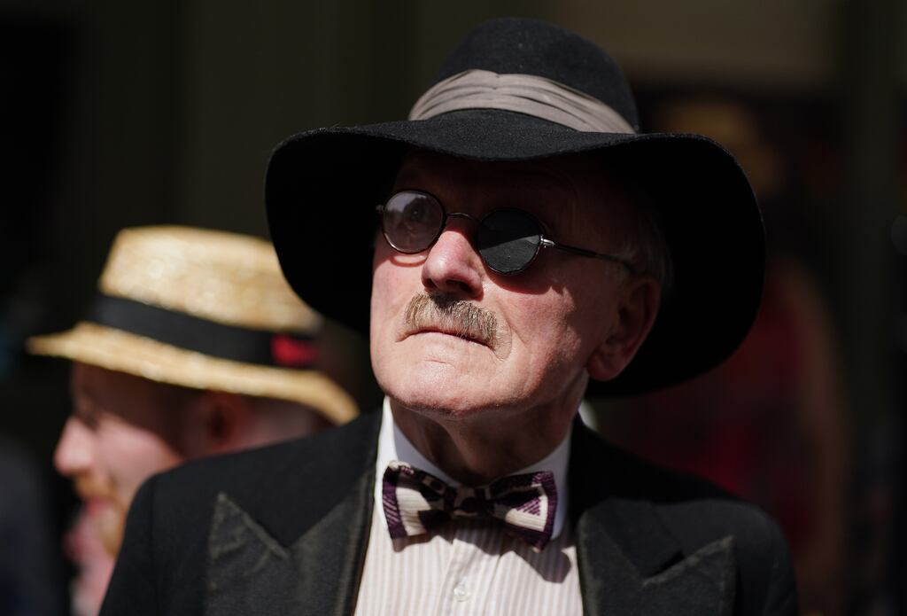 Actor Dermod Lynskey dressed as James Joyce at an event outside Davy Byrnes pub in Dublin on Bloomsday last year. Photograph: Brian Lawless/PA