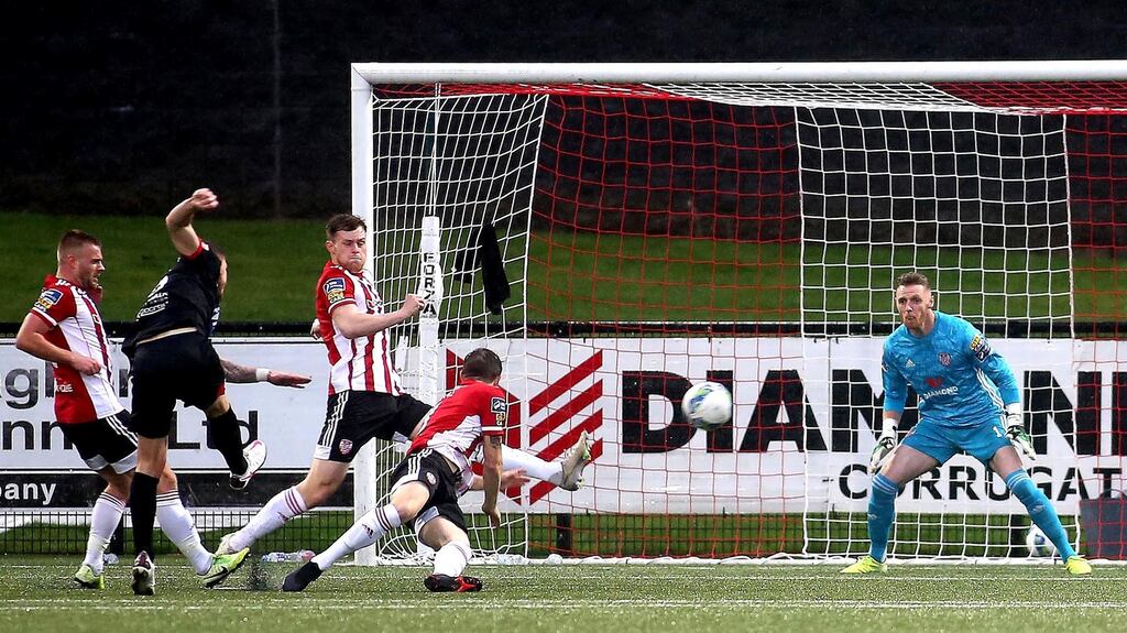 Dundalk’s Seán Murray scores his side’s opening goal during the Airtricity League win over Derry City. Photo: Lorcan Doherty/Inpho