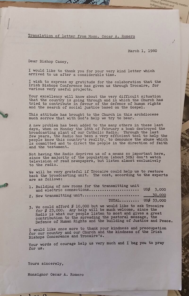 A photograph of the letter written by Archbishop Oscar Romero to Trócaire and its founder Archbishop Eamonn Casey seeking funds to rebuild radio equipment destroyed by security forces
