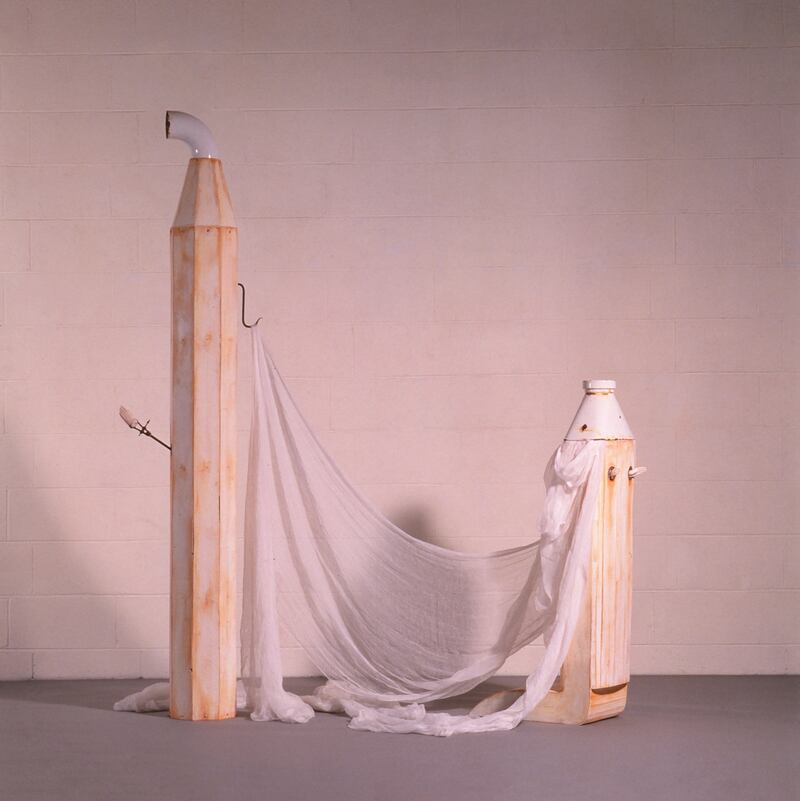 Dorothy Cross: Mr and Mrs Holy Joe (1986), painted wood, enamel pipe and collar, plaster moulds, metal hooks. The Graeve Collection, courtesy of The Model, Home of The Niland Collection