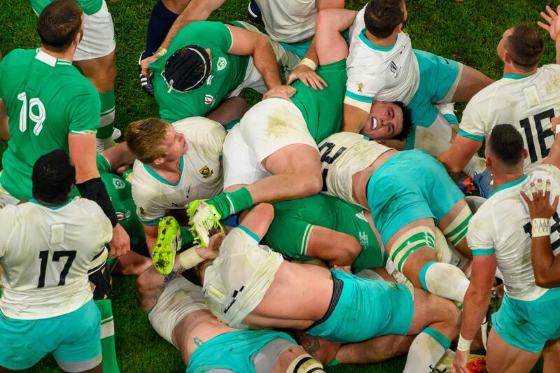 Ireland's hooker Dan Sheehan in the middle of a ruck during the World Cup match between Ireland and South Africa. Photograph: Antonin Thuillier/AFP