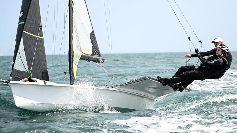 Irish Times journalist Muireann Duffy and Irish Olympic sailor Robert Dickson at Irish Sailing Performance HQ in Dún Laoghaire, Dublin. Photograph: Seb Daly/ Sports File
