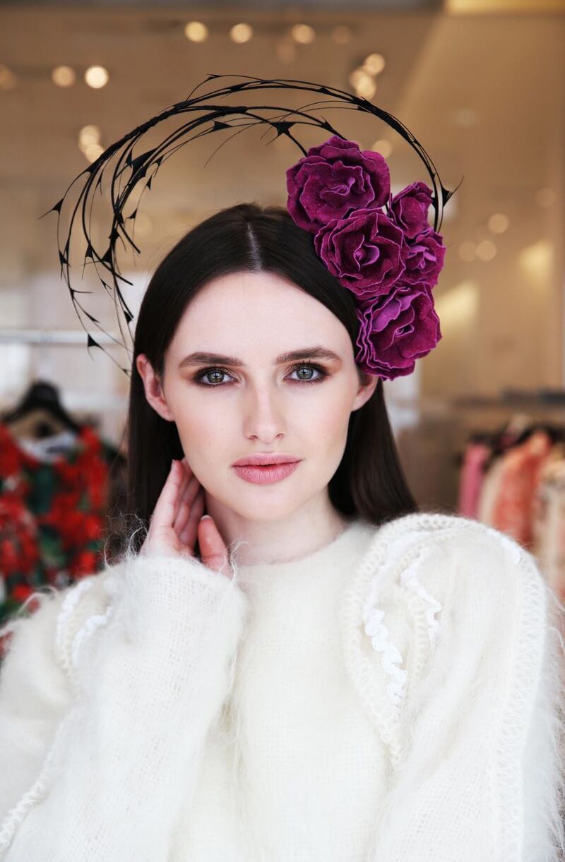 Create 2019: Maria Traynor wears a headpiece (€395) by Michelle Kearns and a jumper (€795) by Alison Conneely. Photograph: Leon Farrell/Photocall