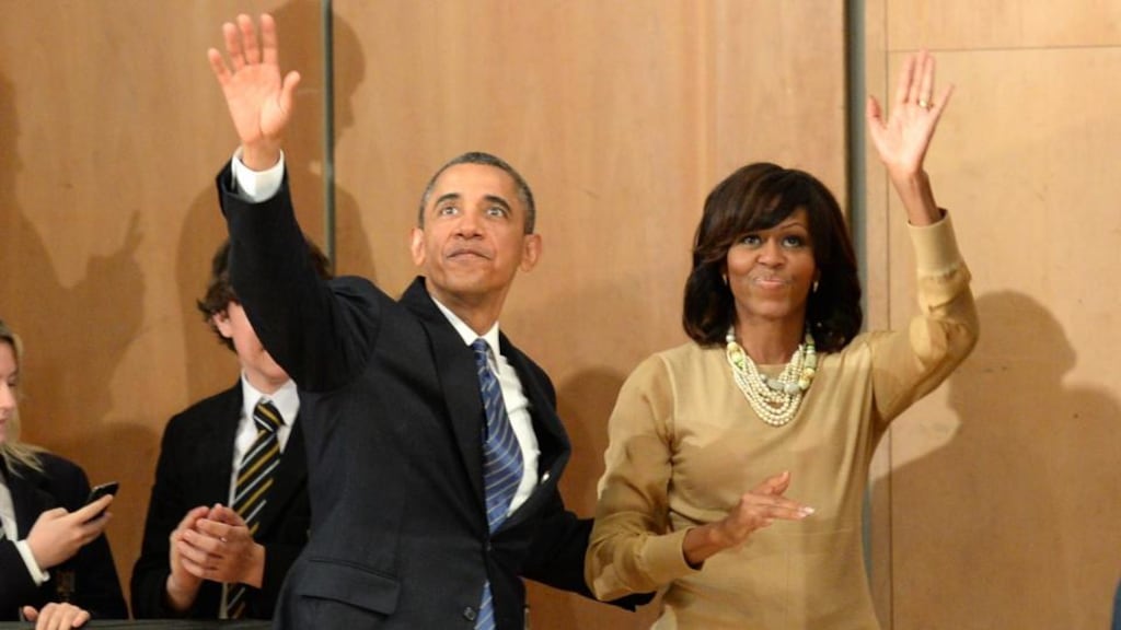 US President Barack Obama, and First Lady Michelle Obama leave the Waterfront in Belfast. Photograph: Dara Mac Dónaill / THE IRISH TIMES