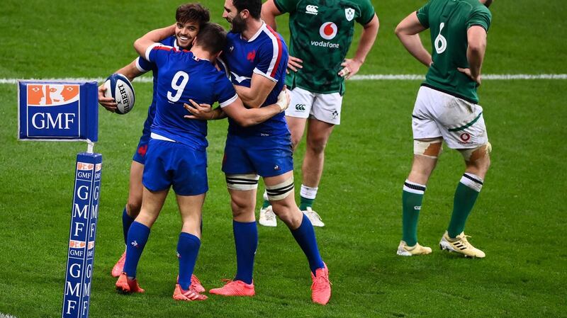 France celebrate a Romain Ntamack try during their win over Ireland. Photograph: Franck Fife/Getty/AFP