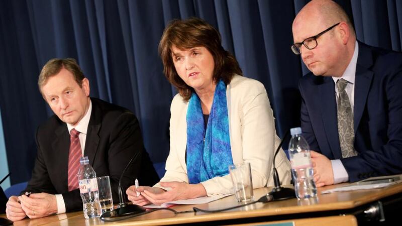 Left to right: Taoiseach Enda Kenny; Tánaiste Joan Burton and Minister of State Ged Nash at the lauch of the Low Pay Commission. Photograph: Maxwells